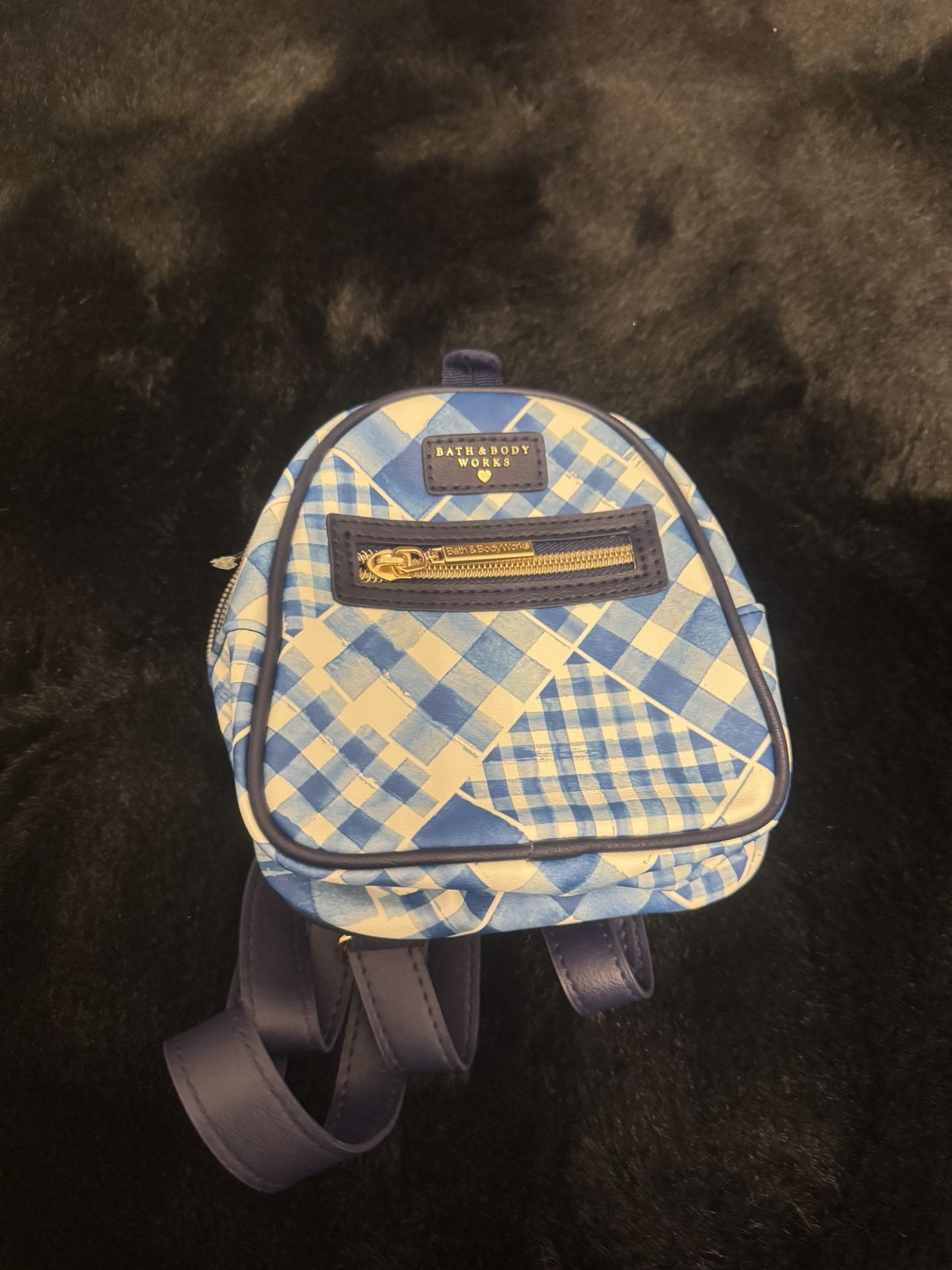 Bath & Body Works 6" Gingham Mini Backpack Cosmetic Bag Blue Metallic Gold