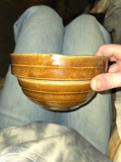 Antique vintage pottery yelloware stoneware brown glazed ridged bowl 6" USA