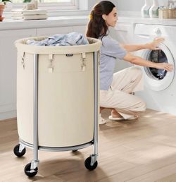 29 Gallon Round Laundry Basket on Wheels | 110L | Cream Canvas | Steel Frame