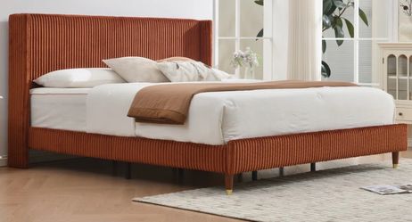 KING SIZE Ocher Wingback Corduroy Upholstered Bed