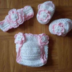 Crochet Baby Girl Headband Diaper Cover Outfit Photo Prop 