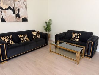 Gold black couch with table and 4 chairs