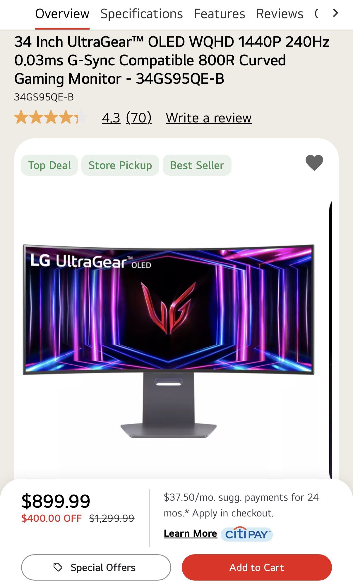 LG 34" OLED Curved Gaming Monitor 34GS95QEB NIB