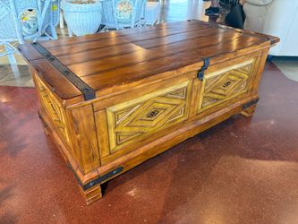 Rustic Wooden Coffee Table Trunk with Black Metal Hardware