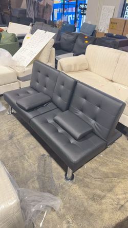 Flamaker Futon Sofa Bed, Black Faux Leather