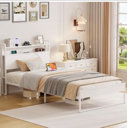 Twin Bed Frames with Charging Station and Storage Headboard White