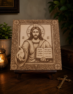 Laser Engraved Wood Icon Jesus Christ Pantocrator Byzantine Catholic Orthodox (7.5x6.5 Inches)
