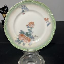 P.K. Silesia Antique 1920s Green Rim Floral Dessert Plates Set of 6 6.5”