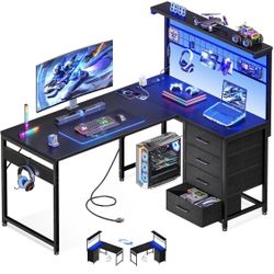 43” L Shaped Gaming Desk for Small Rooms, Compact Corner Computer Table with Shelf & Hutch