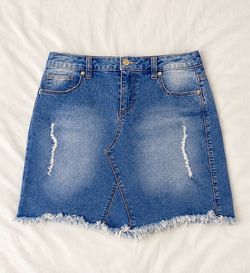 Women's Blue Distressed Denim Mini Skirt – Frayed Hem