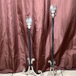 Floor Torchiere Candle Holders 34" & 29" Silver Toned Brass & Wrought Iron 