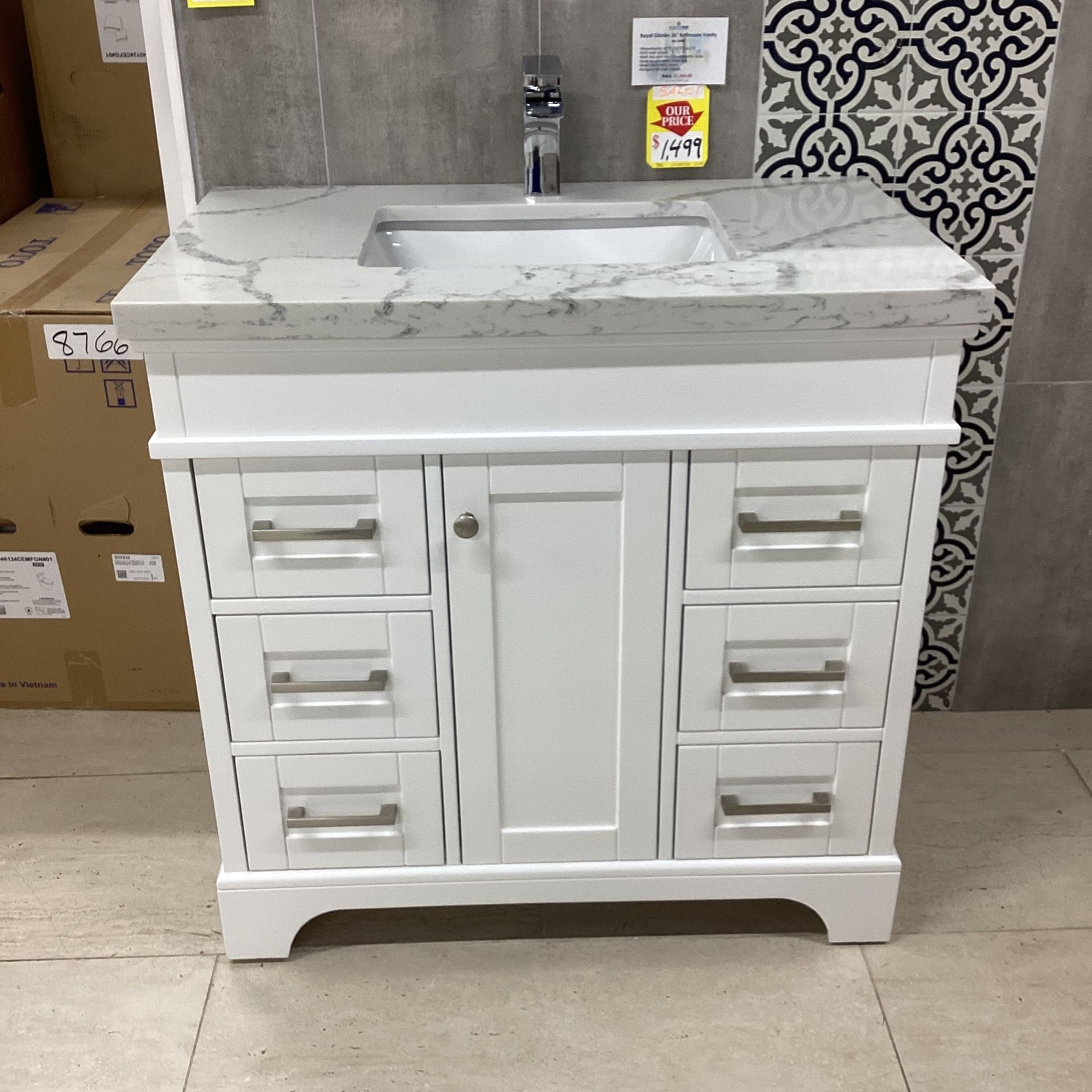 36” White Bathroom Vanity Quartz Countertop Ceramic Sink Brushed Nickel Handles And Knobs Fully Assembled Soft Close Drawers And Cabinets