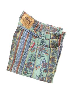 Rare Stüssy Big Ol’ Floral Striped Jeans Size 30 Actual 29 Inseam 31”