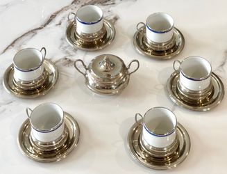 Mid-Century Modern Italian Silver-Plated & Richard Ginori Porcelain Espresso Set-Vintage!