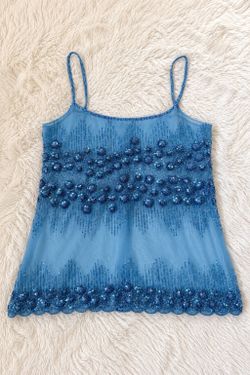 Blue Beaded Sequin Sheer Cami Top | Size S/M