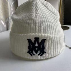 AMIRI White Knit Beanie Hat w/ Black Embroidered Logo