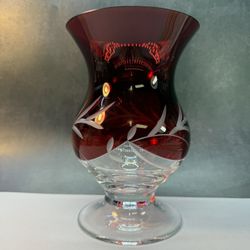 Beautiful Lenox Petite Floral Ruby Red Etched Crystal Hurricane Candle Holder/Flower Vase. Xmas,Holidays,Valentines.Tiny chip on top lip hardy noticea