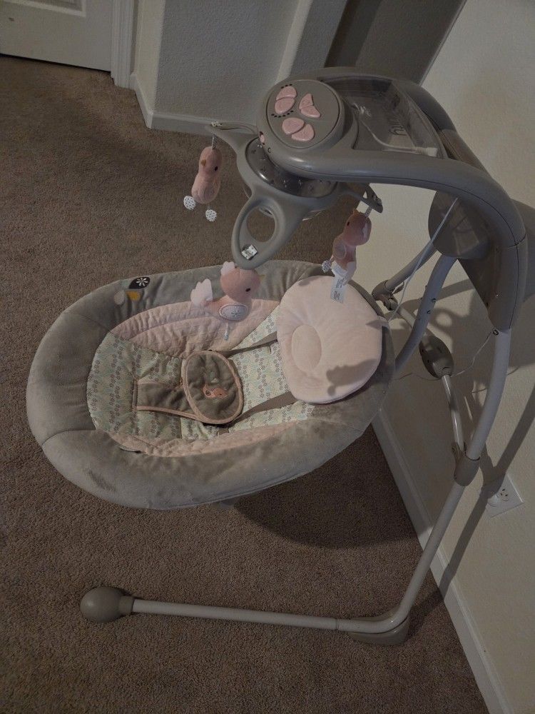Ingenuity InLighten Baby Swing - Cool Mesh Fabric, Vibrations, Swivel Infant Seat, Nature Sounds, Light Up Motorized Mobile, Swing