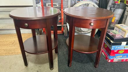 Free Matching Pair of Round Dark Cherry End Tables / Side Tables with Drawer & Shelf
