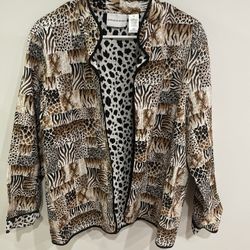 ALFRED DUNNER Blouse Womens Size 16 Top Cheetah Print Long Sleeve Suit Jacket