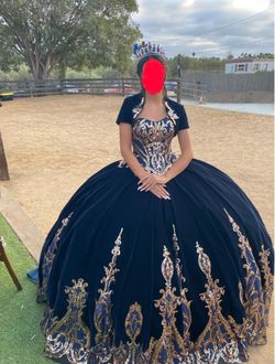 Navy blue and Gold Quinceañera Dress