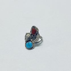 Vintage Navajo Sterling Silver Turquoise & Red Coral Feather Design Ring Hallmarked