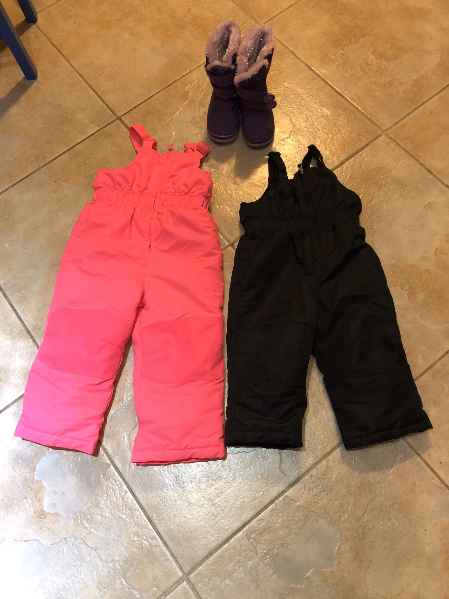 Snow bibs - 2T (black) and 4T (pink) and snow boot