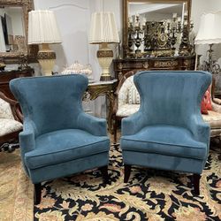 Pair of Stylish Blue Velvet Wingback Chairs with Nailhead Trim🌷