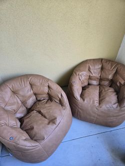 Pair of Tan Faux Leather Bean Bag Chairs- Big Joe's