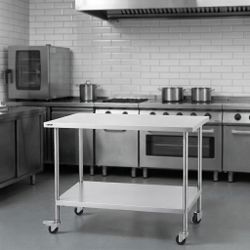 Vevor Commercial Stainless Steel Food Prep Table with Adjustable Shelf & Locking Casters, 30" x 48" x 38", SUS201 Stainless Steel (HETG-30-48)