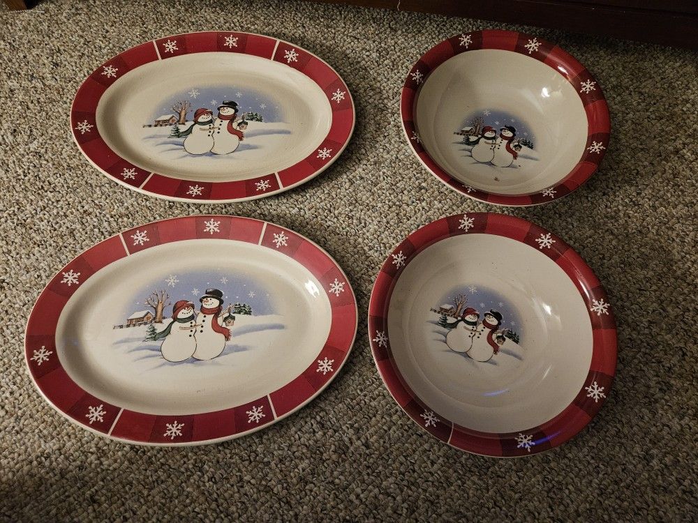 Christmas Red White Snowman Platters And Bowls