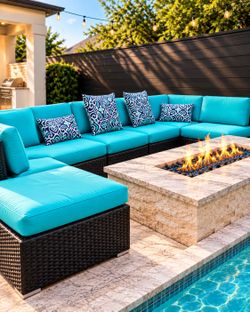 Premium OHANA Modular Outdoor Sectional – Turquoise Cushions, Designer Pillows & Cover Included