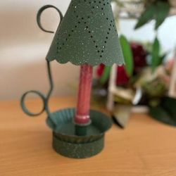 Vintage Punched Tin Rustic Looking Candle Holder With Burgundy Candle 