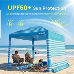 8 Ft x 8 Ft Beach Cabana, Canopy Tent With Side Wall, Ocean Blue Stripe