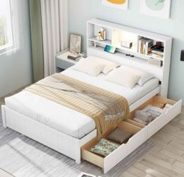 Twin Size Platform Bed with Multi-Functional Headboard and Built-in Downlight, Wood Platform