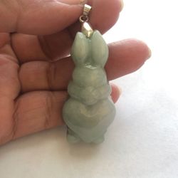 Certified A jade carved Rabbit with a heart shaped gorgeous pendant with a 925 sterling silver bail