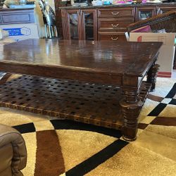 Rustic Wood Coffee Table With Leather Shelf