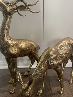 Mid 20th Century Hollywood Regency Large Brass Deer Sculptures
