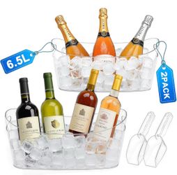 6.5L Ice Bucket 2 Pack Ice Buckets for Parties, Beverage Tub for Cocktail Bar with Handle, Drink Cooler for Wine Beer Champagne, Clear Ice Bucket with