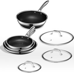 Brand new in the box retail price $518 plus taxes 
HexClad Hybrid Nonstick 7-Piece Cookware Set, 8", 10", and 12" Pans with Lids, and 10" Wok, Stay-Co