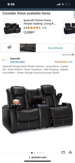 Seatcraft Omega Home Theater Seating - Living Room - Leather Gel - Power Recline - Power Headrests - USB Charging - Lighted Cup Holders - Center Stora
