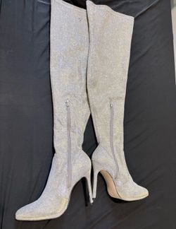 ShoeDazzle Lekisha Silver Glitter Over-the-Knee Pointed Toe Zip Boots US 9