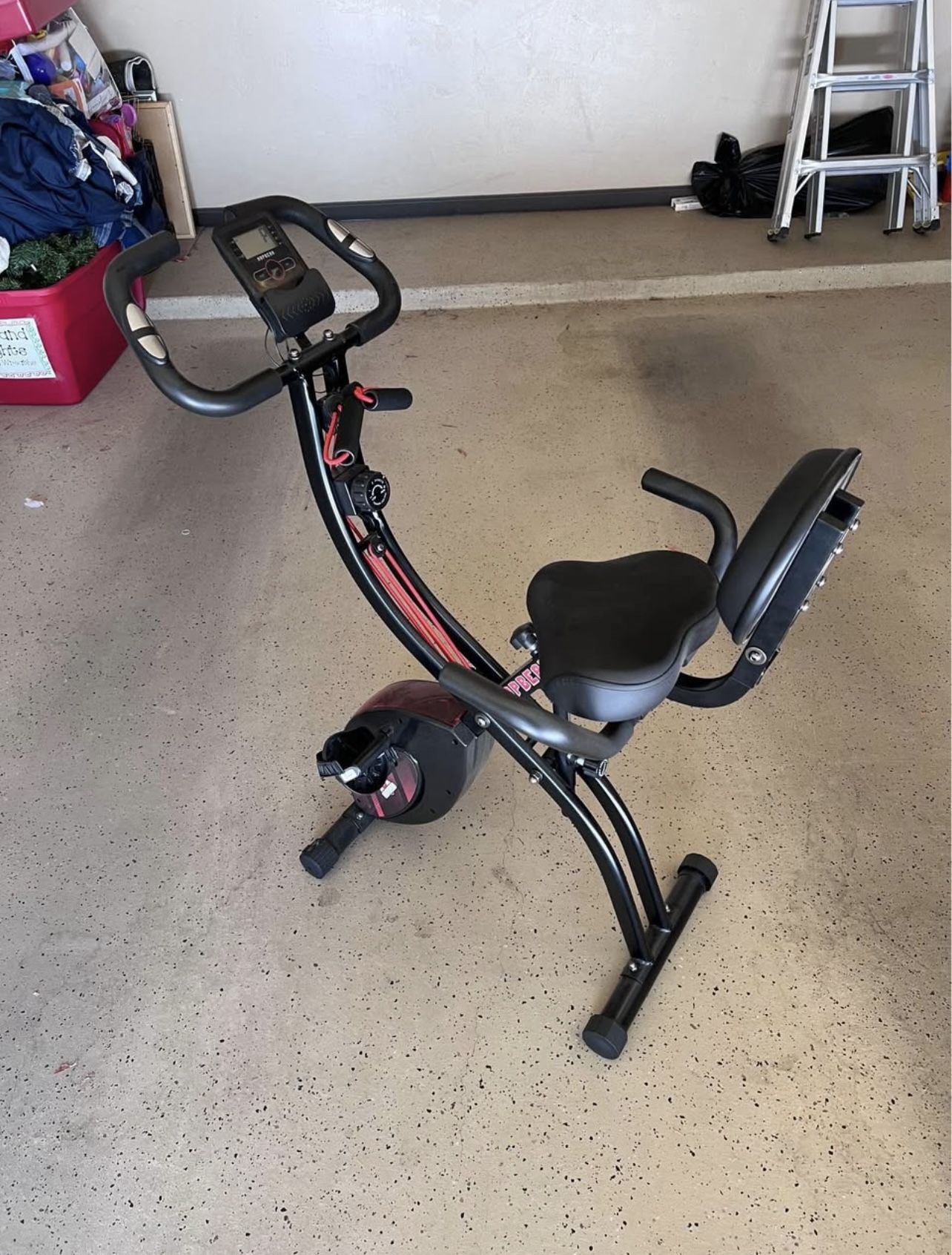 HAPBEAR Folding Stationary Bike – 3-in-1 Magnetic X-Bike w/ Resistance Bands