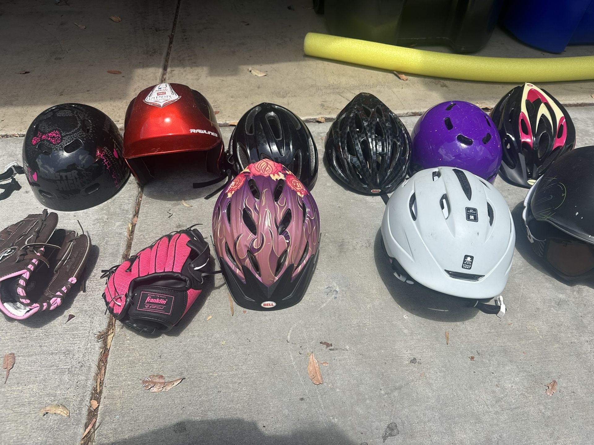 9 Helmets Plus 2 Softball Gloves