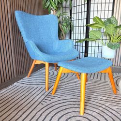 Blue MCM Style Armchair and Ottoman/Footstool