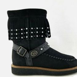 Coach  Boots Fringe Studded Black Suede Shearling Size 9 