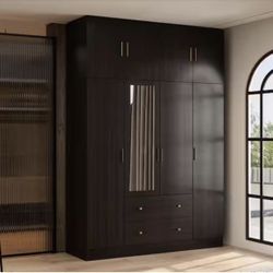 Brown Wood Grain 63 in. W 8-Door Big Armoires With Mirror, 2 Hanging Rods, 2 Drawers, Storage Shelves (94.5 in. H)（KF330062-02SC-A+B001）