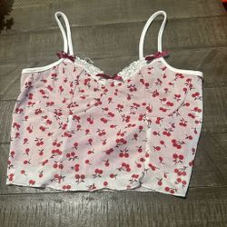 Cherry Print Lace Trim Crop Cami Top