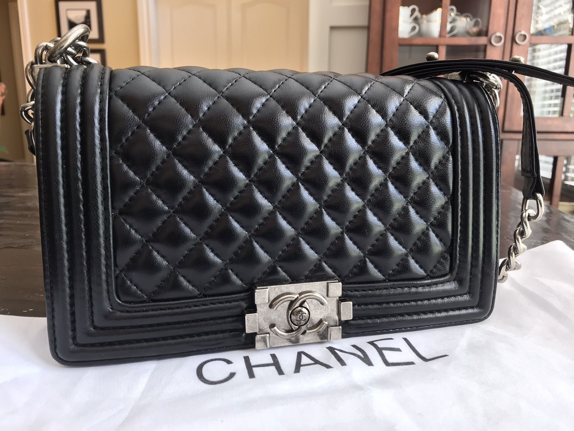 Chanel Black Lambskin Medium Boyfriend Bag Purse Crossbody