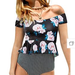Women's High Waist Peplum Padded Bikini Tankini Swimsuit, Black Floral, XS NWT